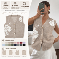 Rompi Rajut Wanita Musim Gugur Kerah V Kancing Depan Motif Bunga Tanpa Lengan Sweater Cardigan Chic Custom OEM ODM Grosir Pabrik