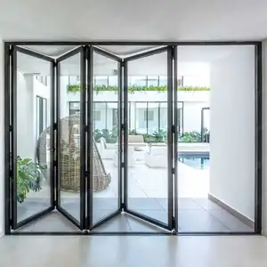 Pintu lipat Bi logam dapat digerakkan eksterior teras tahan cuaca aluminium kaca geser lipat partisi pintu Sunnysky luar ruangan Modern