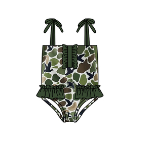 S0744 Maillot de bain personnalisé pour petite fille active, imprimé camouflage vert, vente en gros, ensemble de maillots de bain sans manches pour enfants - Product Image 1