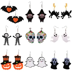 Halloween Cartoon Vleermuis Ghost Schedel Hanger Leuke Oorbellen Halloween Decoraties Speelgoed Gift Haak Oorbellen Sieraden 2021 Vrouwen Mannen