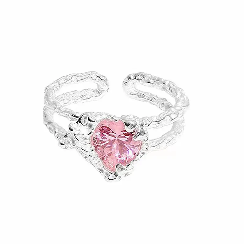 Anéis de joias finas 925, prata, rosa, formato de coração, diamante, cz, zircônio, ajustável, anéis de promessa, casamento, noivado