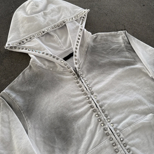 Sudaderas con capucha de diseñador personalizadas para hombre, estilo streetwear, de felpa francesa, con cremallera, efecto desgastado, degradado y sucio. - Product Image 3