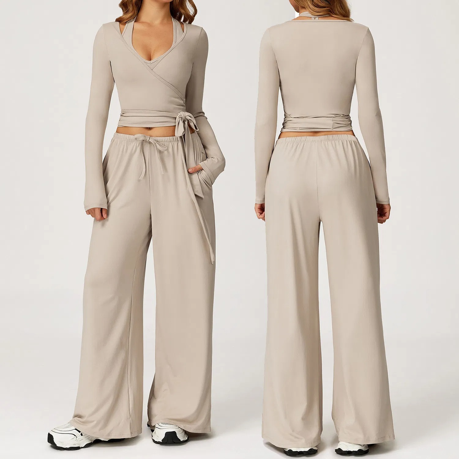 Wholesale 2 Piece Long Sleeve Yoga Set Workout Wrap Top Gym Wide Leg Sweatpants Casual Yoga Suits Fitness Outfit for Women