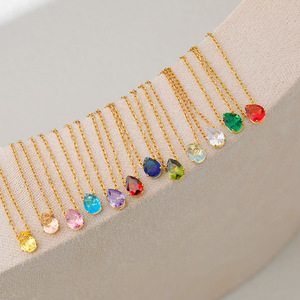 Collar con abalorio de piedra de nacimiento <span class=keywords><strong>en</strong></span> forma de lágrima de acero inoxidable, collar de piedras preciosas personalizado minimalista delicado, regalo de cumpleaños - Product Image 5