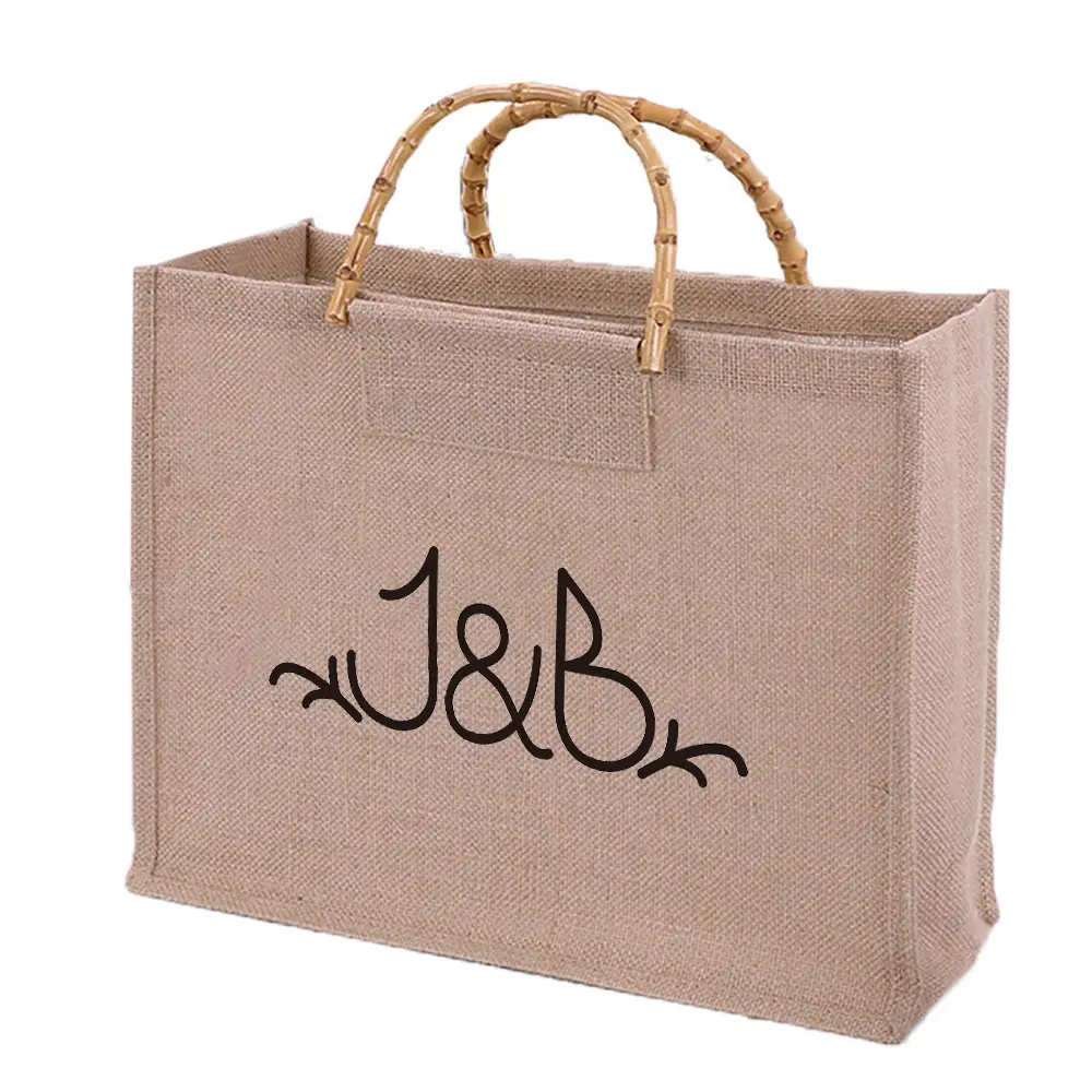 OEM fabrika tasarlanmış doğal bambu kolu tedarikçisi alışveriş çantası çuval jüt alışveriş çantası Logo baskılı özel bakkal hediye çantası