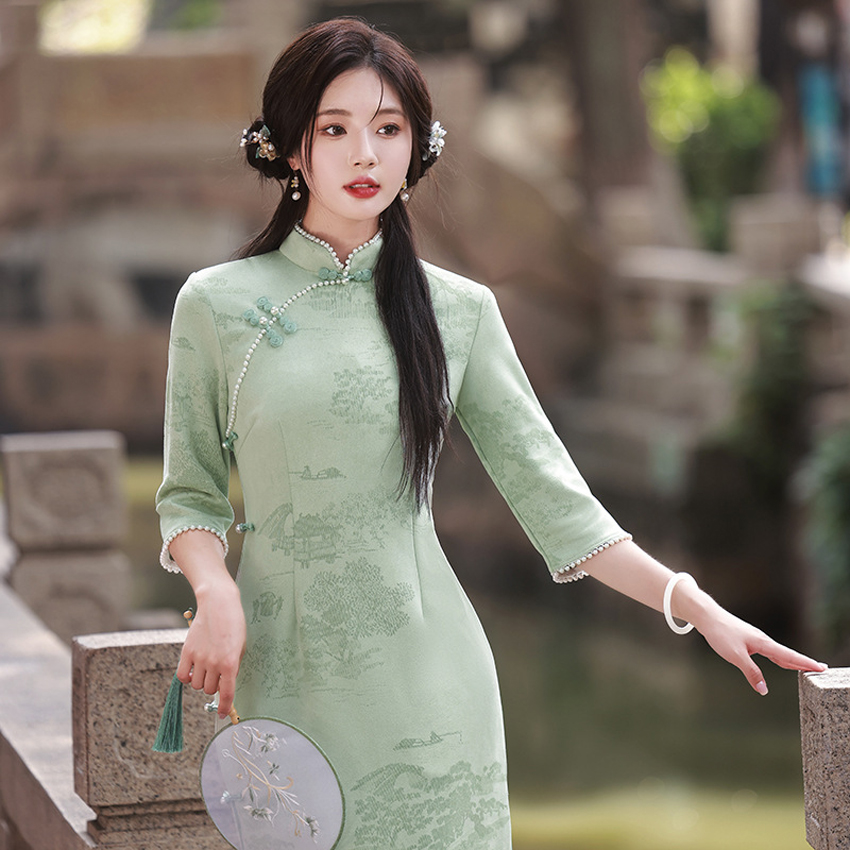 green chinese dress Emerald Green Floral Silk Chinese Qipao Cheongsam Dress main image 0