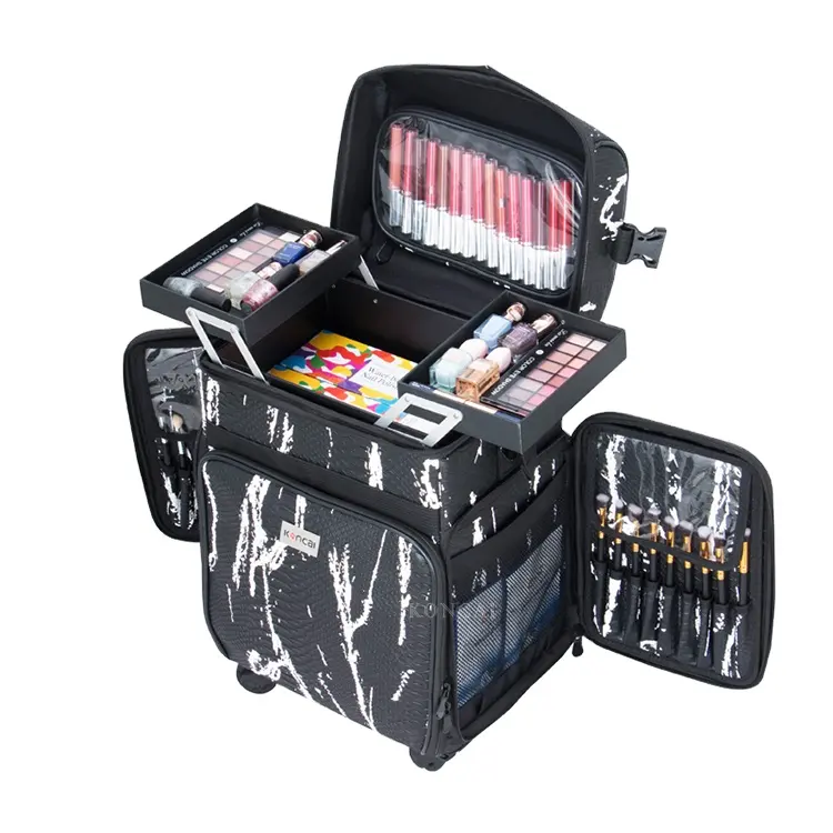 KONCAI Black White Snakeskin PU Leather Artist Makeup Brush Kit Case PVC Retractable Cosmetics Makeup Brush Storage Box