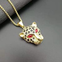 Bijoux à breloques animalières mode unisexe yeux rouges tête de léopard Hip Hop collier pendentif en acier inoxydable plaqué or 18 carats pour cadeau