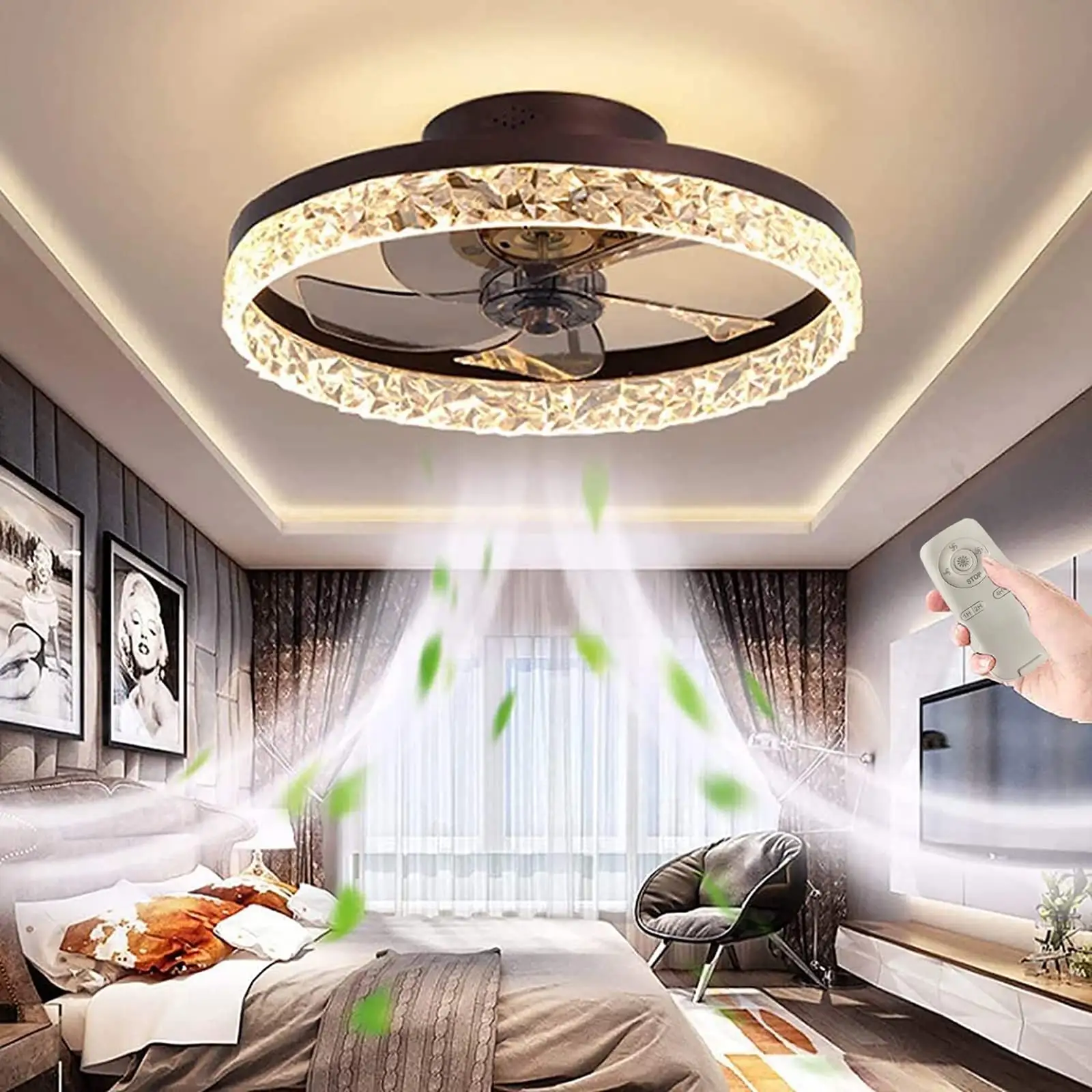 Iluminación moderna para dormitorio y hogar, control remoto regulable, redondo con aspas Abs, fandelier, lámpara de ventilador de techo Led Fandelier