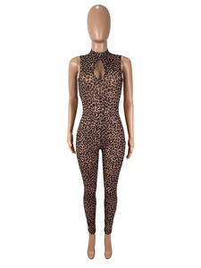 Viviblook Z224JP01 verano Casual Skinny malla overoles Sexy cuello redondo sin mangas ahueca hacia fuera mono con estampado de leopardo para mujer Bodycon - Product Image 2