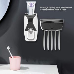 Wholesale Eco-Friendly Plastic Wall Mount 5 Slot Toothbrush Hanger Dispenser Automatic <b>Toothpaste</b> Squeezer Modern Two-Piece Set - Product Image 5