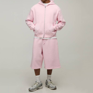 Sweat-shirt à capuche zippé rose en polaire pour homme, 100% coton, tricoté épais, coupe classique, hiver - Product Image 1