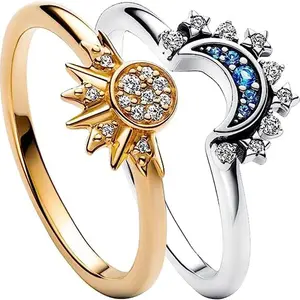 Cincin bulan dan matahari berkilau biru Celestial bersinar emas perak Sterling 925 baru dengan kristal untuk hadiah Wanita Perhiasan mode