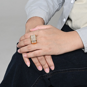Instagram-worthy, trendy, hip-hop style <b>ring</b> with full diamond detailing, made of <b>titanium</b> steel plated with 18K gold. A bold an - Product Image 3