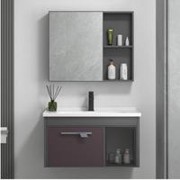 Meuble-lavabo mural moderne pour salle de bain, en aluminium kaki, avec comptoir en céramique alvéolée, porte en verre, étagère ouverte et unité de rangement à cadre noir