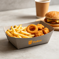 Boîte en carton à compartiments séparés, personnalisable, pour commandes en gros de snacks frits variés, destinée aux restaurants, buffets et traiteurs.
