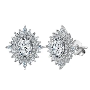 Rinntin LZE26 Oval and Marquise CZ Bridal Clip-on Halo Studs CZ Flower Earrings 925 Sterling Silver Earrings Best Earrings