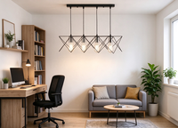 Suspension industrielle linéaire à 4 lumières, cadre en fil métallique noir géométrique, douille chromée E27, pour îlot de cuisine et salle à manger