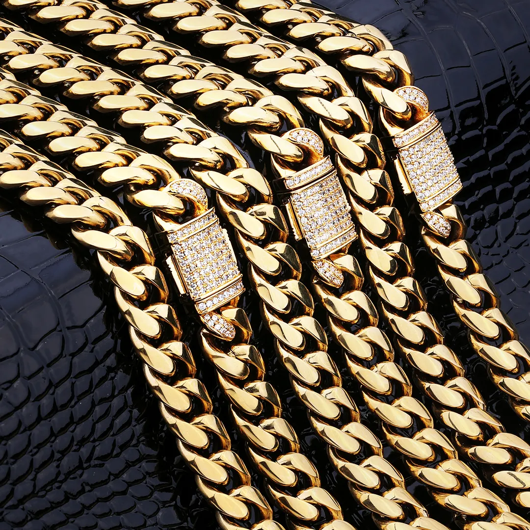 KRKC CZ Iced Out Zircon Buckle 14K 18K Gold Plated Miami Stainless Steel Cuban Link Chain Necklace Set Men Jewelry Cuban Link