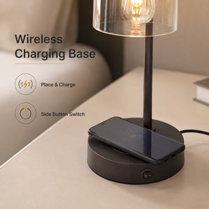 Lampe de table vintage moderne en fer avec abat-jour en verre transparent E27, lumière chaude, base de charge sans fil pour chambre à coucher, chevet - Product Image 3