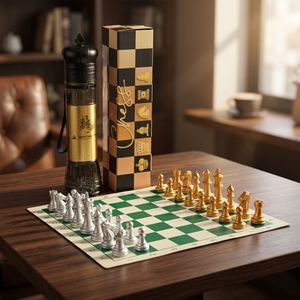 Juego de Ajedrez de Lujo de 13 Pulgadas Estilo Corona en Dorado y Plateado, Tablero de Plástico Plegable Resistente, Estuche Enrollable de Cuero PU Premium, Tubo Portátil de 40 cm - Product Image 1