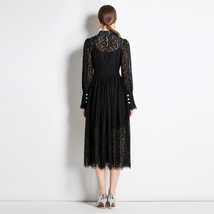 Nouvelle arrivée, robe longue élégante pour femme, manches longues, col rabattu, crochet, longue robe en dentelle <span class=keywords><strong>noire</strong></span> avec <span class=keywords><strong>ceinture</strong></span> - Product Image 6