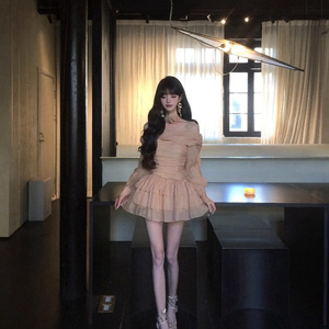 Off The Shoulder Pleated Dress Women Autumn Long Sleeve Apricot Solid Color Cake Style Short Skirt Waist Cinching Slim Fit - Product Image 3