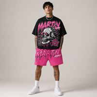 Ensemble de survêtement d'été 2 pièces, T-shirt court et short, coupe ample, impression DTG craquelée, délavé à l'acide, style vintage, logo personnalisé