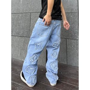 2025 Distro Baggy Jeans para hombres y mujeres Parcheado Carta Insignia Pantalones de mezclilla de pierna ancha Y2K Estilo Hip Hop Oscuro Flaco Casual Suelto - Product Image 5