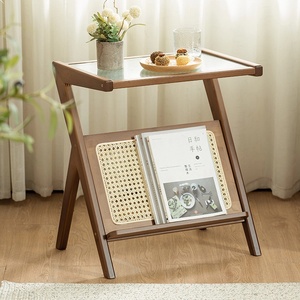 Rattan Side <b>Table</b> With Storage Glass Top Boho End <b>Table</b> For Small Space - Product Image 5