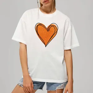 Fabricante de prendas, camisetas informales extragrandes con hombros caídos para mujer, camisetas gráficas de corazón naranja, Camisetas estampadas para mujer