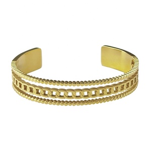 18K Gold Plated Stainless Steel Jewelry Chain <strong>Bead</strong> Three Layer Open Cuff Hollow Wide Bangle Accessories <strong>Bracelet</strong> B222275 - Product Image 2