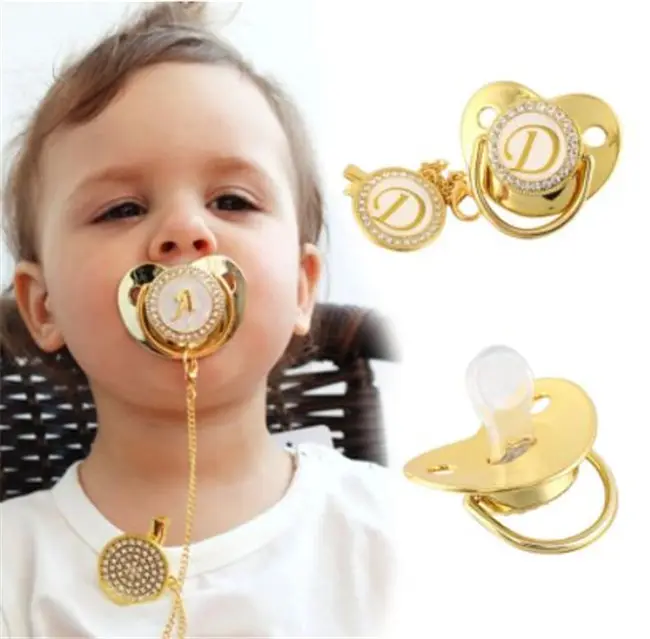 Hot sell Gold design bling pacifier for baby Luxury Baby Stuff Soother with Chains