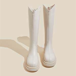 Bottes de motard classiques best-sellers pour femme, rehaussantes, toutes saisons, à semelle épaisse, doublées polaire, mi-mollet, hauteur genou, à enfiler - Product Image 3