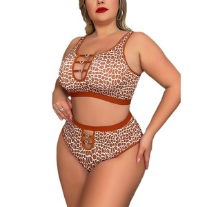 Conjunto de sujetador con estampado de leopardo estilo europeo y americano, con hebilla en forma de corazón, ahuecado, talla grande, sin aros. - Product Image 5