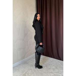 Manteau élégant en cachemire noir tissé à manches longues pour femme, idéal pour rester au chaud - Product Image 1