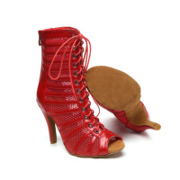 Chaussures de danse latine en microfibre rouge, bottes de jazz montantes pour femmes, semelle souple, talon bas de 9,8 cm, bottes de danse de performance