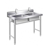 Dubbele spoelbak met onderstel, spatbescherming, makkelijk schoon te maken, duurzaam, voor restaurant, hotel, kantine, commercieel gebruik, roestvrij staal, aanpasbaar