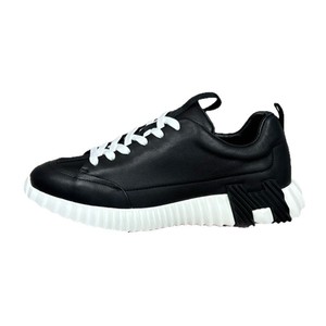 Black Genuine Leather Chunky Sneakers Men <b>Round</b> Toe Lace-up <b>Cushioned</b> Rubber Outsole All Seasons Walking Style Shoes - Product Image 1