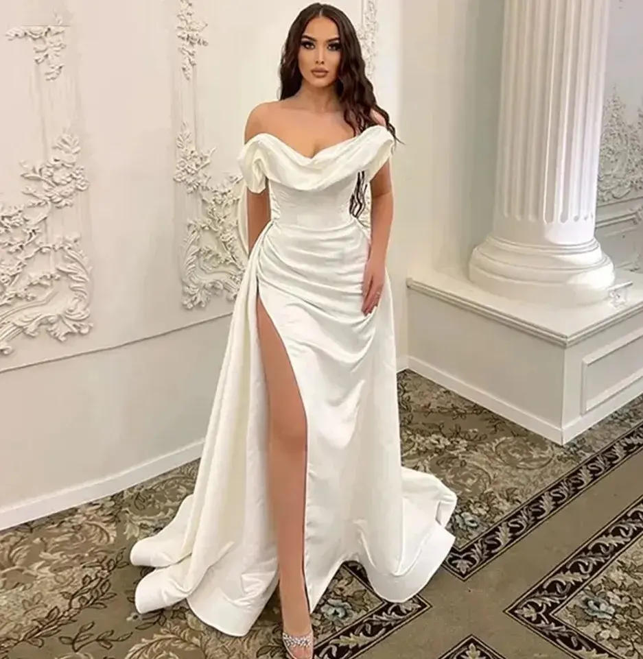 Off Shoulder High Split Civil Bridal Gowns 2024 Customized Vestidos De Novia Elegant Satin Women Wedding Dress For Bride