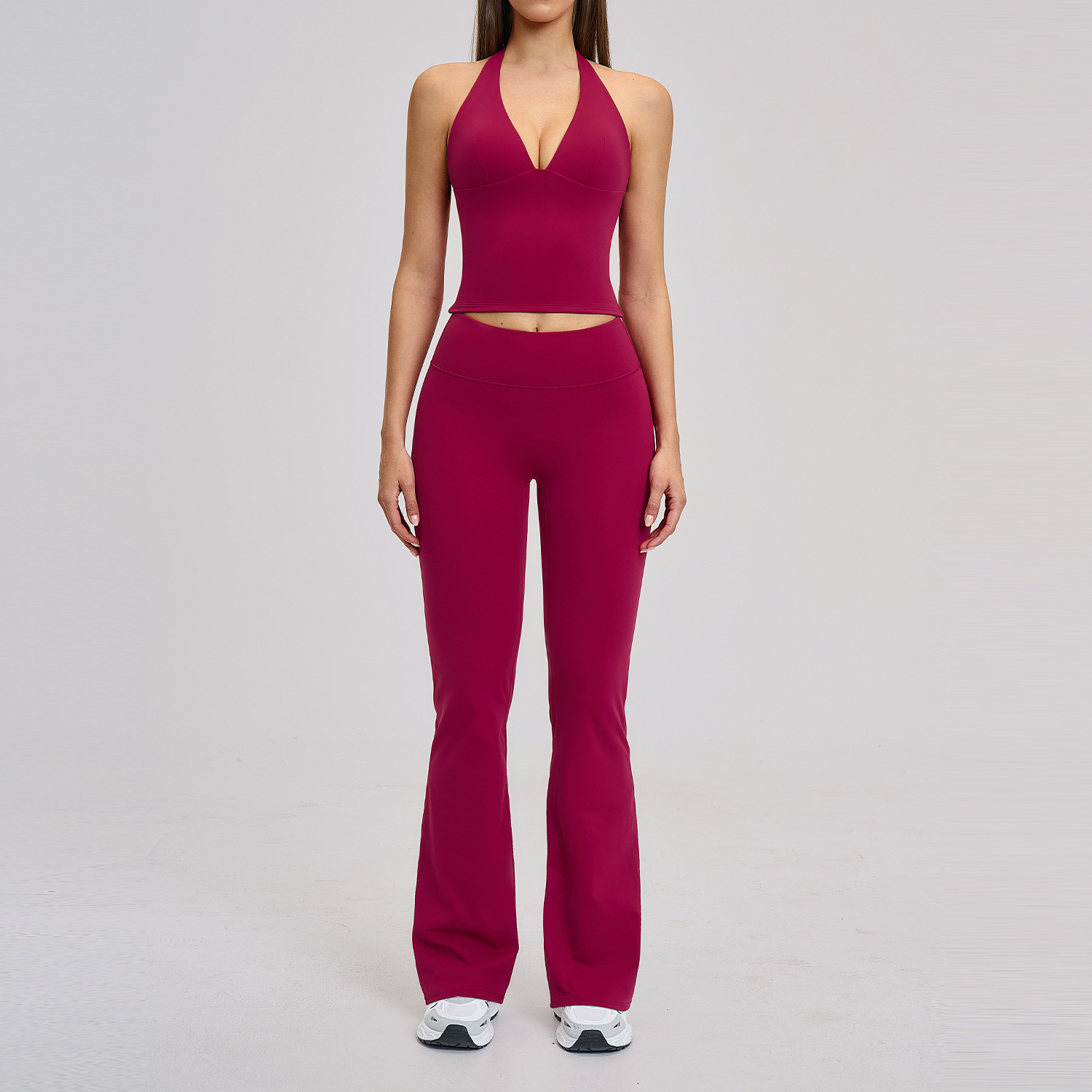 กางเกงขาบานและเสื้อกล้าม-สีแดงเบอร์รี่