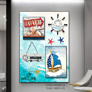 Cuadros Decorativos de Bienvenida con Temática Costera al por Mayor, Arte Mural Mediterráneo para Casa de <span class=keywords><strong>Playa</strong></span> con Timón y Conchas Marinas, Pintura 3D de 60x80 cm - Product Image 1