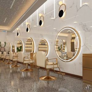 Miroirs <span class=keywords><strong>de</strong></span> <span class=keywords><strong>salon</strong></span> <span class=keywords><strong>de</strong></span> <span class=keywords><strong>coiffure</strong></span> ronds en or <span class=keywords><strong>de</strong></span> luxe à montage mural en gros avec lumières LED - Product Image 5