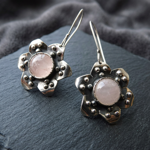 Latest Ethnic Indian Gold Plated Oxidized Silver Handmade <b>Earrings</b> Cut Rose-Quartz Gemstone Party Wear Flower Shape Brass <b>Hook</b> - Product Image 3