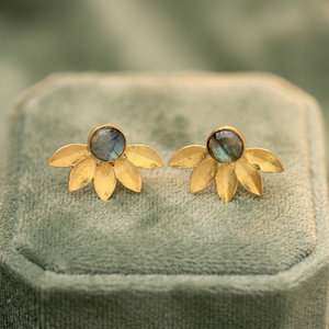 Matte Gold Labradorite Lotus Fan <b>Stud</b> Earrings Gemstone Bezel Layered Petal Leaf 24K Gold Plated Brass Ethnic - Product Image 3