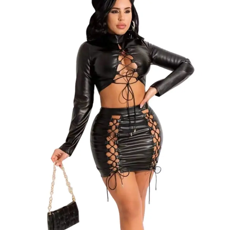 Bandage Lace Up Two Piece Set Women Crop Top Mini Skirt PU Leather Sexy Club Rave Festival Party Outfit C14069