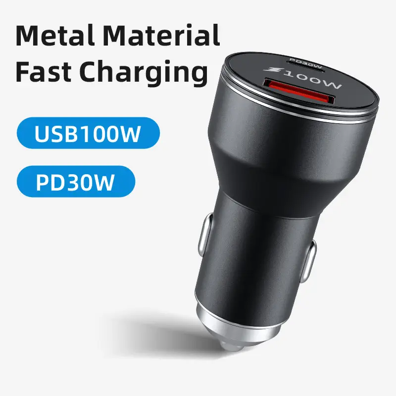 Chargeur de voiture double port USB 100W PD 30W matériau métallique type c et port usb chargeur de voiture à charge rapide pour téléphone