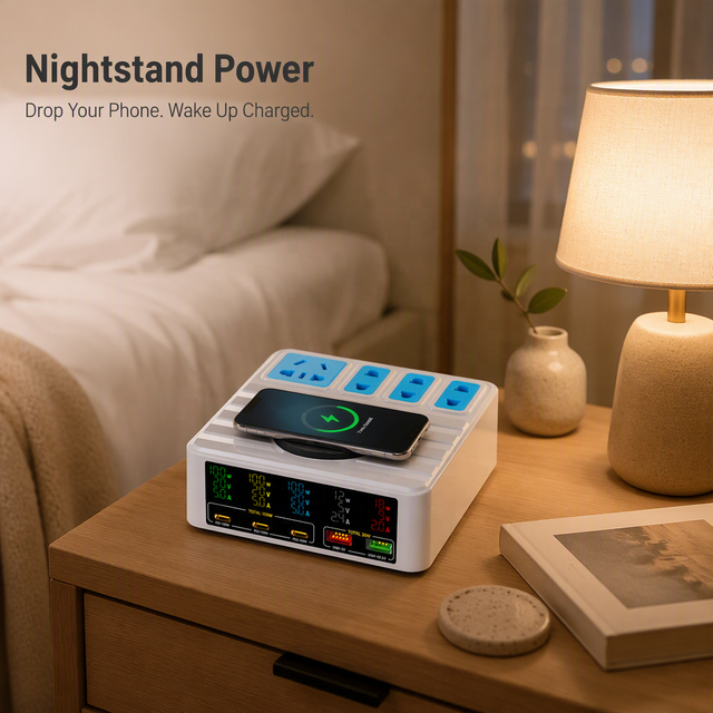 Travel GaN Charger with LED Display, 15W Wireless Charging & 4 AC Outlets, Ready for Retail, CE FCC Certified