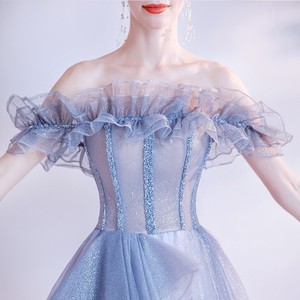 Off The Shoulder Chiffon Ball Gown Empire Waist Ruffles Sparkling Blue Evening Dress For Bridal Events - Product Image 4