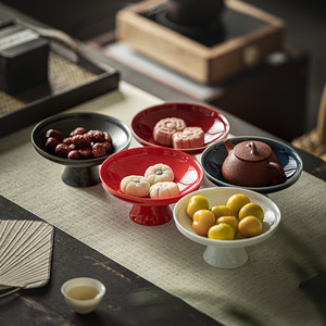 Plateau à fruits en céramique sur pieds hauts, rond, couleur unie, pour la table de fête du Nouvel An chinois, plateau décoratif - Product Image 3